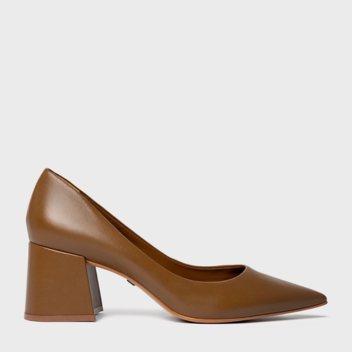 Scarpin Lauren Salto Bloco Couro Marrom Light