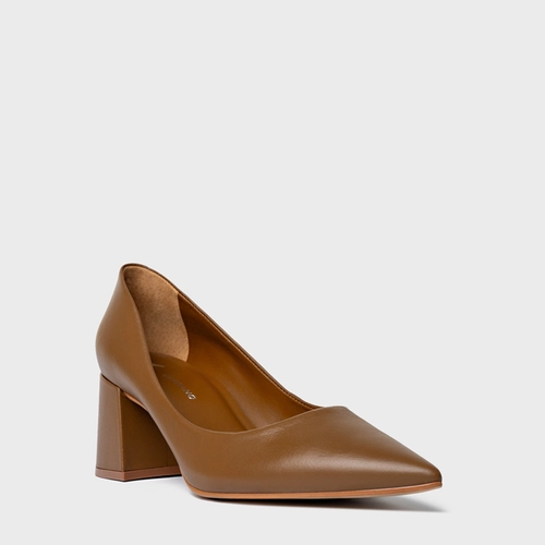 Scarpin Lauren Salto Bloco Couro Marrom Light
