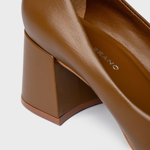 Scarpin Lauren Salto Bloco Couro Marrom Light