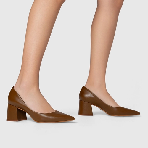 Scarpin Lauren Salto Bloco Couro Marrom Light