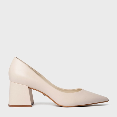 Scarpin Lauren Salto Bloco Couro Off White Lait