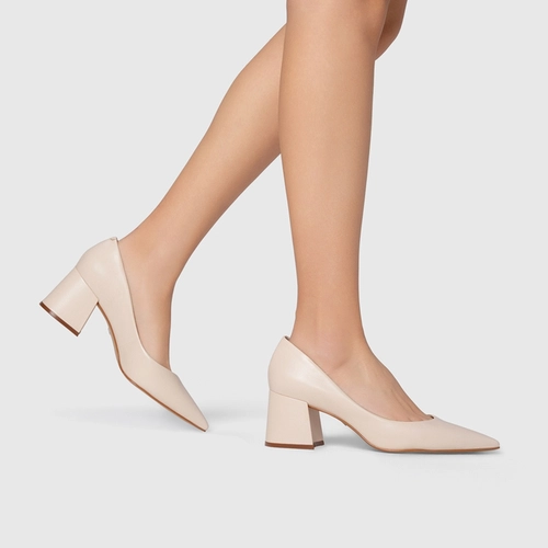 Scarpin Lauren Salto Bloco Couro Off White Lait