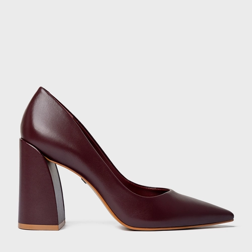 Scarpin Iza Basic Salto Bloco Couro Vinho Dark Carmine