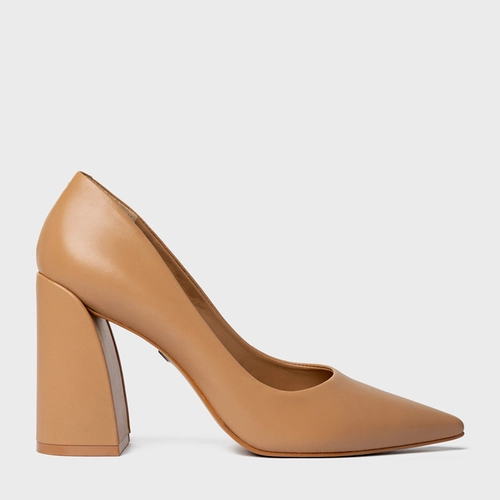 Scarpin Iza Basic Salto Bloco Couro Marrom Cookie