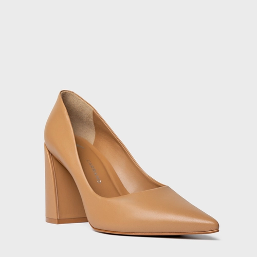 Scarpin Iza Basic Salto Bloco Couro Marrom Cookie