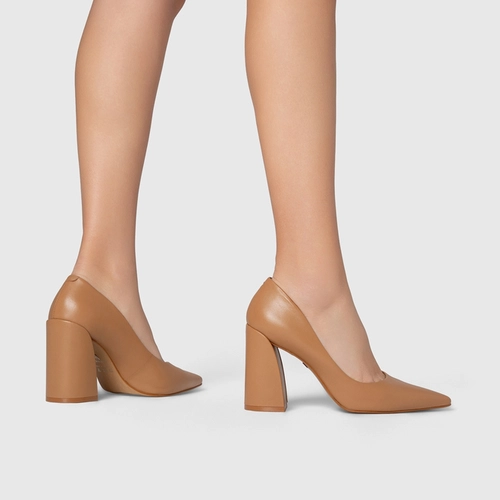 Scarpin Iza Basic Salto Bloco Couro Marrom Cookie