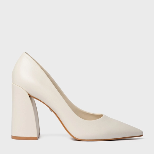 Scarpin Iza Basic Salto Bloco Couro Off White Ligth Cream