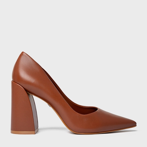 Scarpin Iza Basic Salto Bloco Couro Marrom Cognac