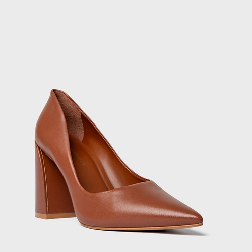 Scarpin Iza Basic Salto Bloco Couro Marrom Cognac