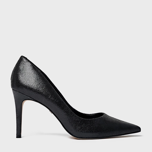 Scarpin Beatriz Salto Fino Couro Crack Preto