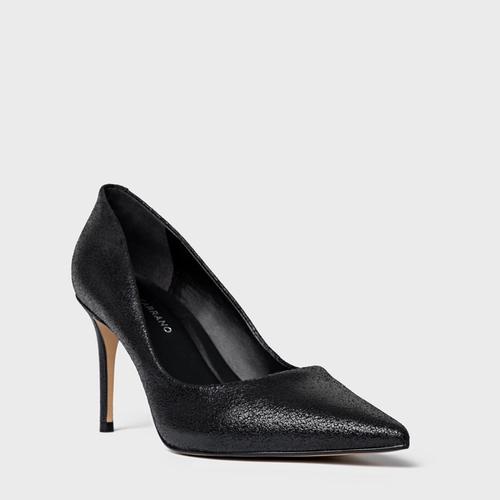 Scarpin Beatriz Salto Fino Couro Crack Preto
