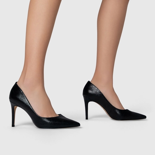 Scarpin Beatriz Salto Fino Couro Crack Preto