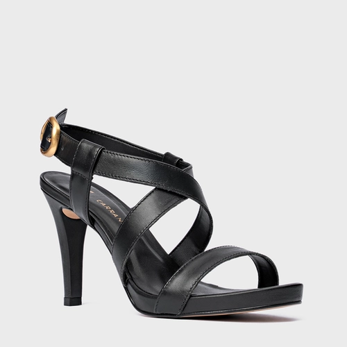 Sandália Tiras Salto Fino Couro Preto