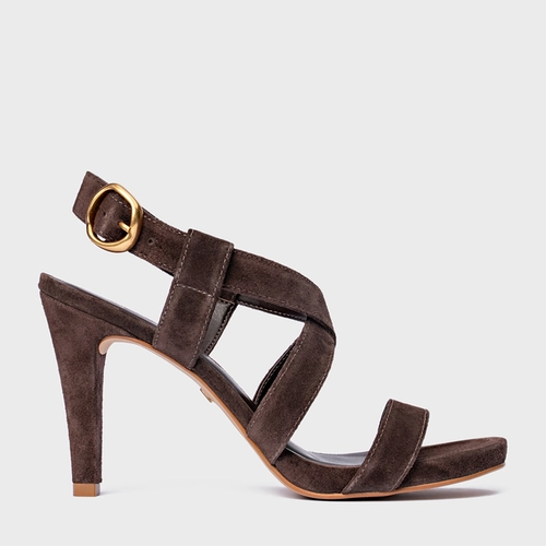 Sandália Tiras Salto Fino Couro Suede Marrom Ganache