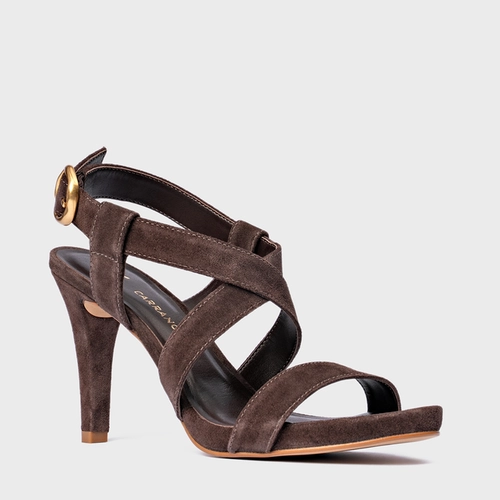 Sandália Tiras Salto Fino Couro Suede Marrom Ganache