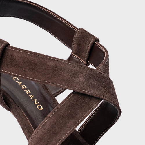 Sandália Tiras Salto Fino Couro Suede Marrom Ganache