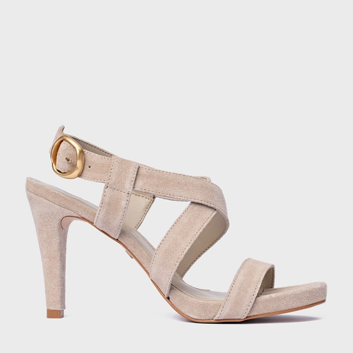 Sandália Tiras Salto Fino Couro Suede Bege Oatmeal