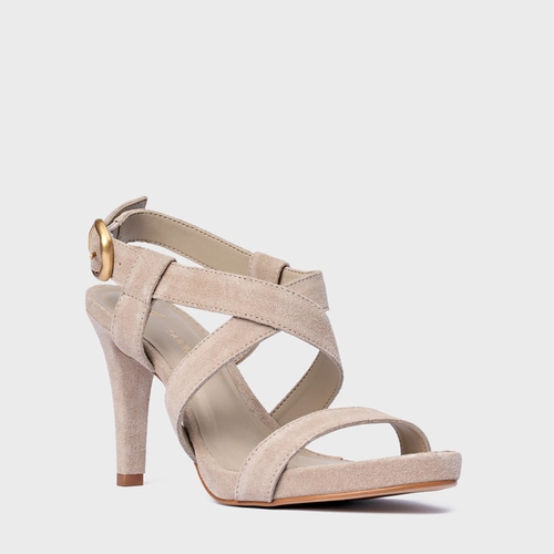 Sandália Tiras Salto Fino Couro Suede Bege Oatmeal