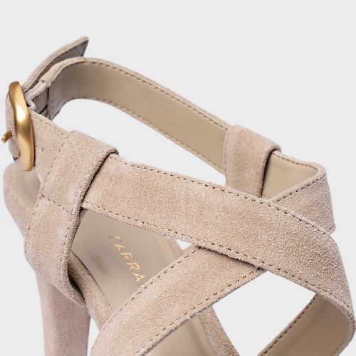 Sandália Tiras Salto Fino Couro Suede Bege Oatmeal