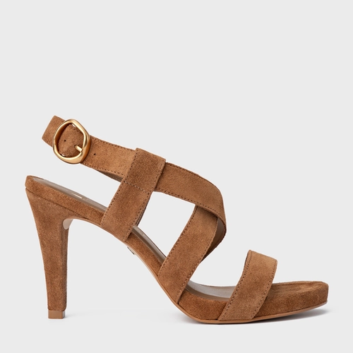 Sandália Tiras Salto Fino Couro Suede Marrom Saddle