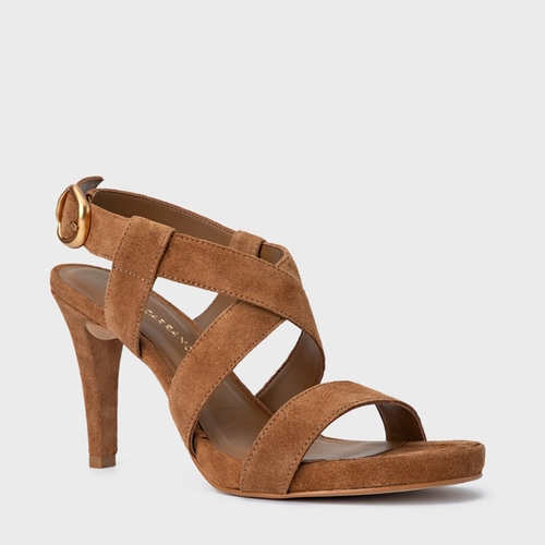 Sandália Tiras Salto Fino Couro Suede Marrom Saddle