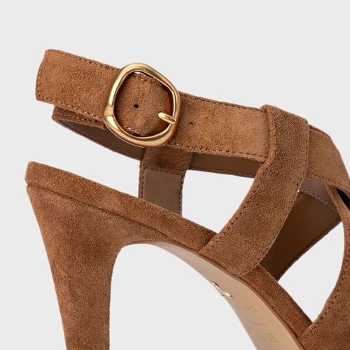 Sandália Tiras Salto Fino Couro Suede Marrom Saddle
