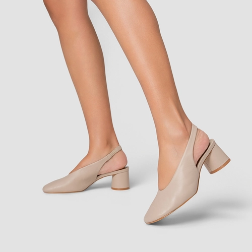 Scarpin Slingback Basic Salto Oval Couro Bege Oatmeal