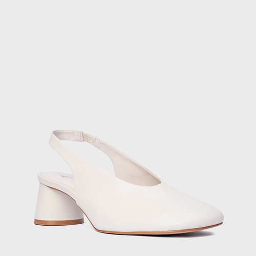 Scarpin Slingback Basic Salto Oval Couro Off White Vanilla