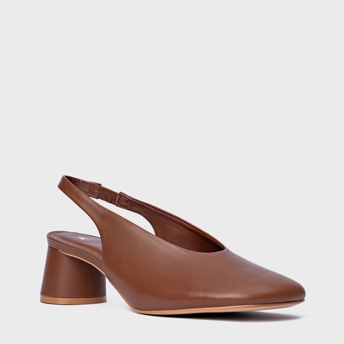 Scarpin Slingback Basic Salto Oval Couro Marrom Walnut