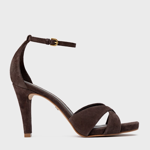 Sandália Tiras Cruzadas Salto Fino Couro Suede Marrom Ganache