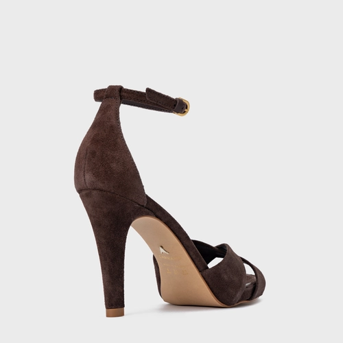 Sandália Tiras Cruzadas Salto Fino Couro Suede Marrom Ganache