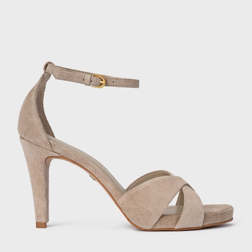 Sandália Tiras Cruzadas Salto Fino Couro Suede Bege Oatmeal