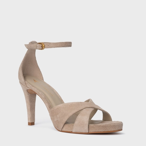 Sandália Tiras Cruzadas Salto Fino Couro Suede Bege Oatmeal