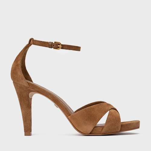 Sandália Tiras Cruzadas Salto Fino Couro Suede Marrom Saddle