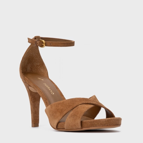 Sandália Tiras Cruzadas Salto Fino Couro Suede Marrom Saddle