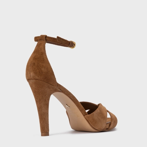 Sandália Tiras Cruzadas Salto Fino Couro Suede Marrom Saddle