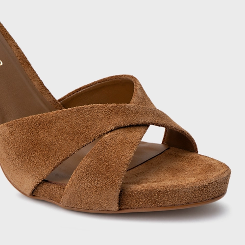 Sandália Tiras Cruzadas Salto Fino Couro Suede Marrom Saddle