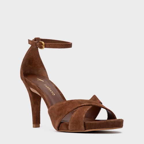 Sandália Tiras Cruzadas Salto Fino Couro Suede Marrom Walnut