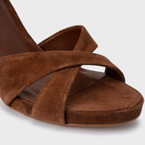 Sandália Tiras Cruzadas Salto Fino Couro Suede Marrom Walnut