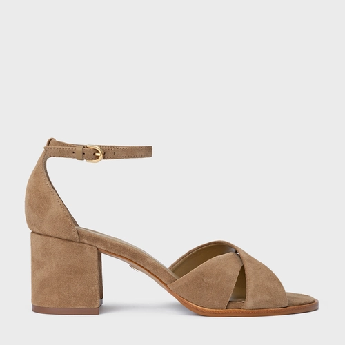 Sandália Tiras Cruzadas Salto Bloco Médio Couro Suede Bege Almond