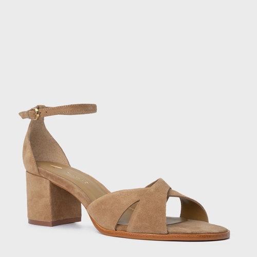Sandália Tiras Cruzadas Salto Bloco Médio Couro Suede Bege Almond
