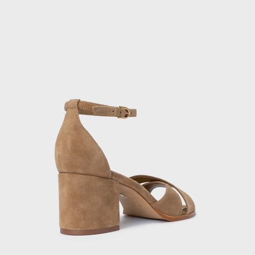 Sandália Tiras Cruzadas Salto Bloco Médio Couro Suede Bege Almond