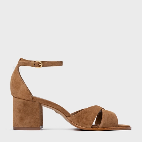 Sandália Tiras Cruzadas Salto Bloco Médio Couro Suede Marrom Saddle