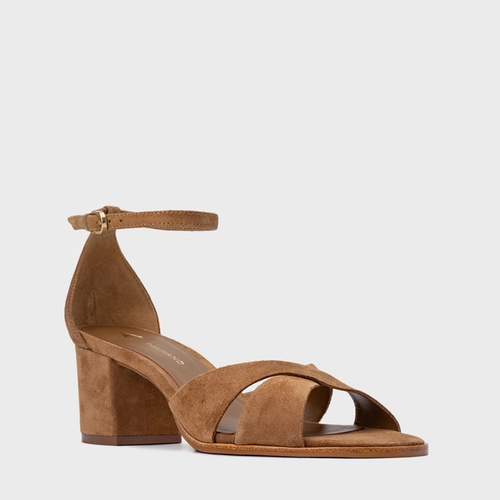 Sandália Tiras Cruzadas Salto Bloco Médio Couro Suede Marrom Saddle