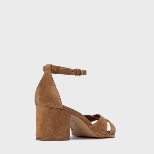 Sandália Tiras Cruzadas Salto Bloco Médio Couro Suede Marrom Saddle