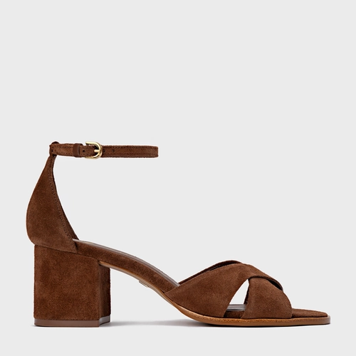 Sandália Tiras Cruzadas Salto Bloco Médio Couro Suede Marrom Walnut