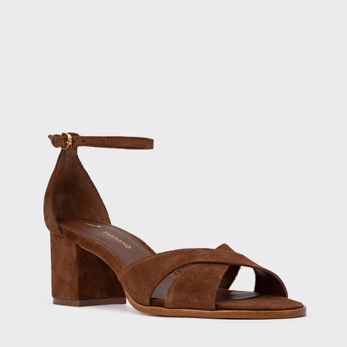 Sandália Tiras Cruzadas Salto Bloco Médio Couro Suede Marrom Walnut