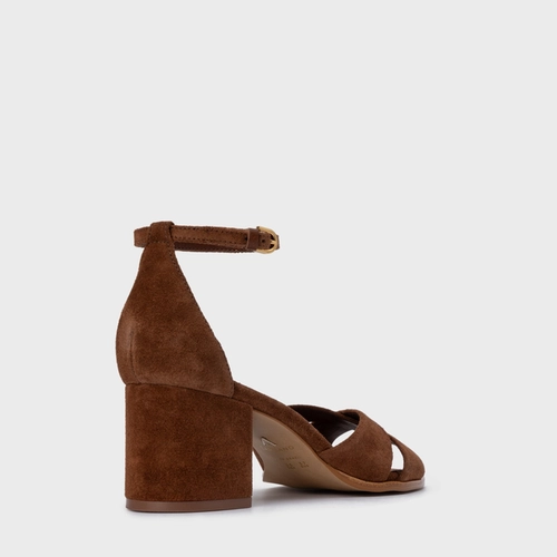 Sandália Tiras Cruzadas Salto Bloco Médio Couro Suede Marrom Walnut