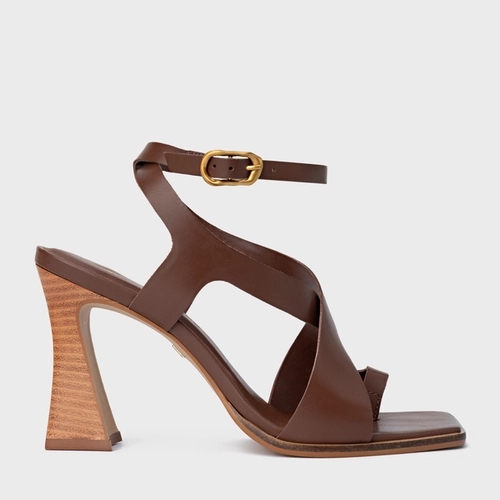 Sandália Natural Salto Wave Couro Marrom Walnut