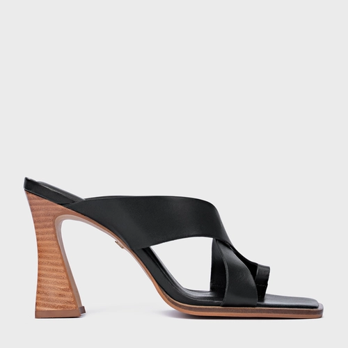 Open Mule Natural Salto Wave Couro Preto